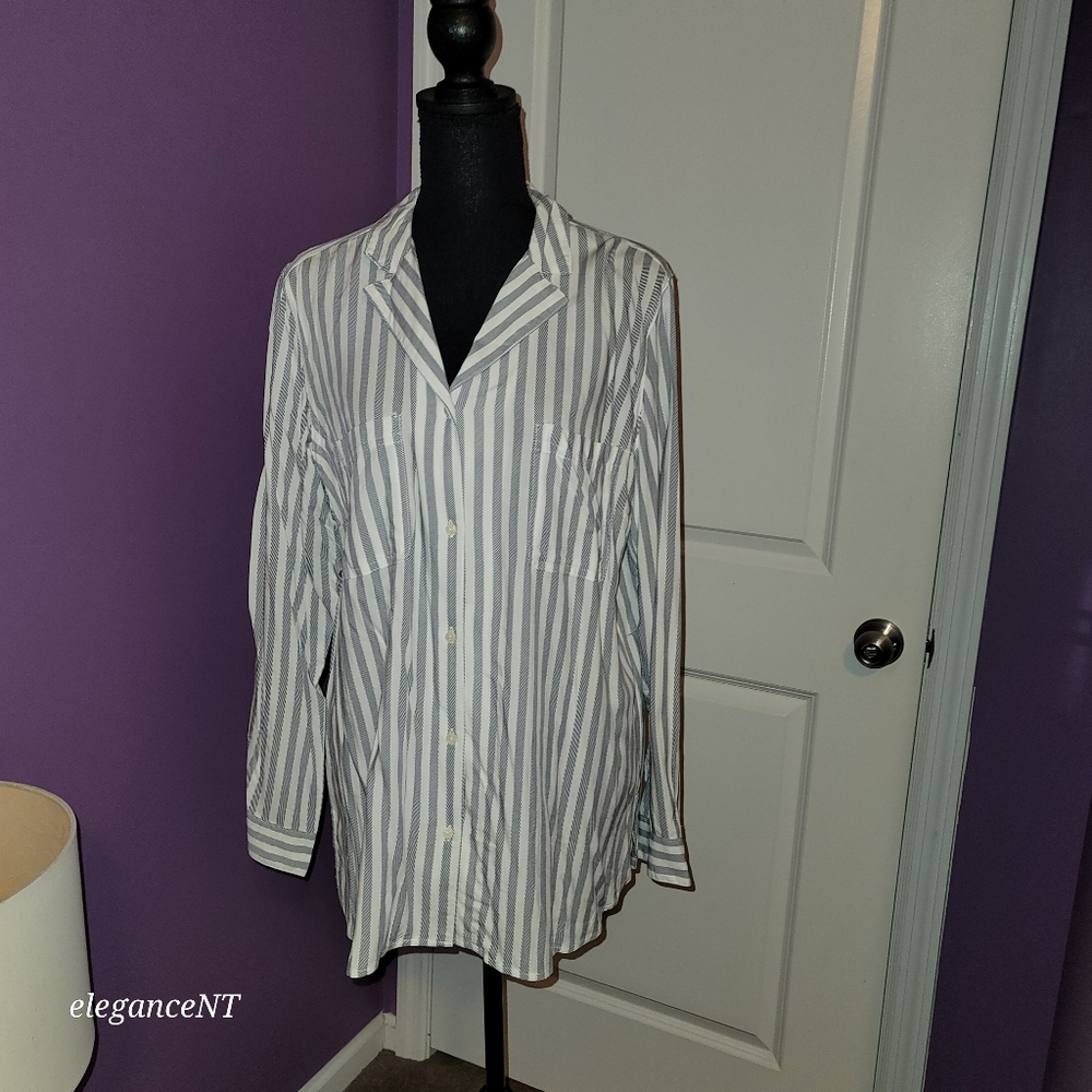 Old Nacy Black/White Striped Long Sleeve Shirt Sz: L NWT - Picture 2 of 8